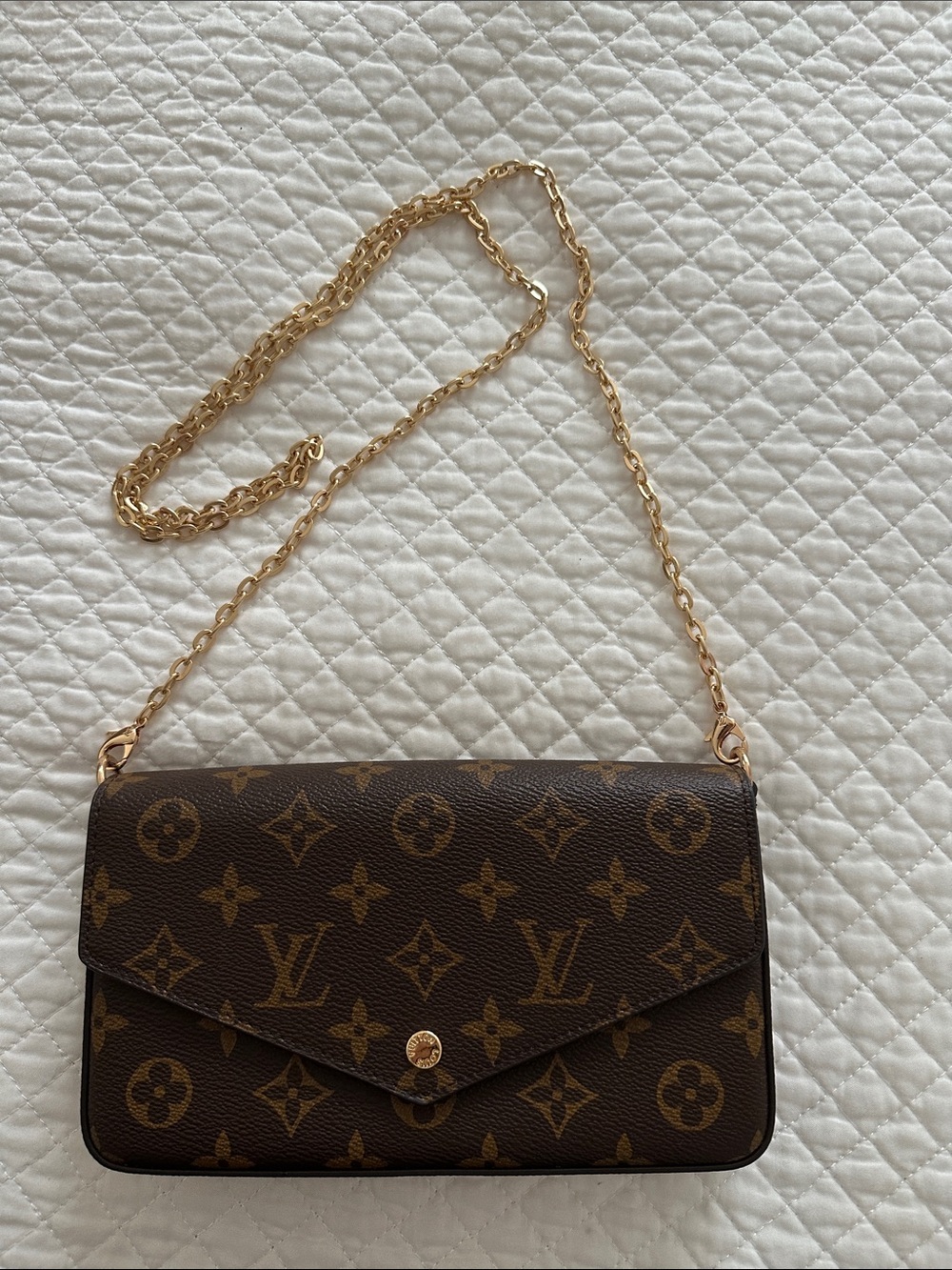 Fashion Bug Brown Monogram Envelope Crossbody with Gold Chain